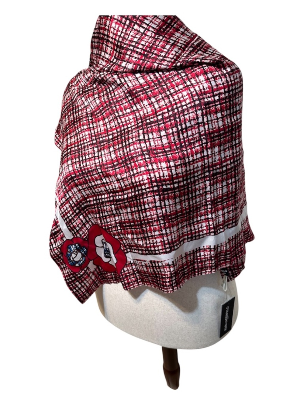 NWT Karl Lagerfeld Paris Red Plaid Floral 100% Silk Scarf Wrap